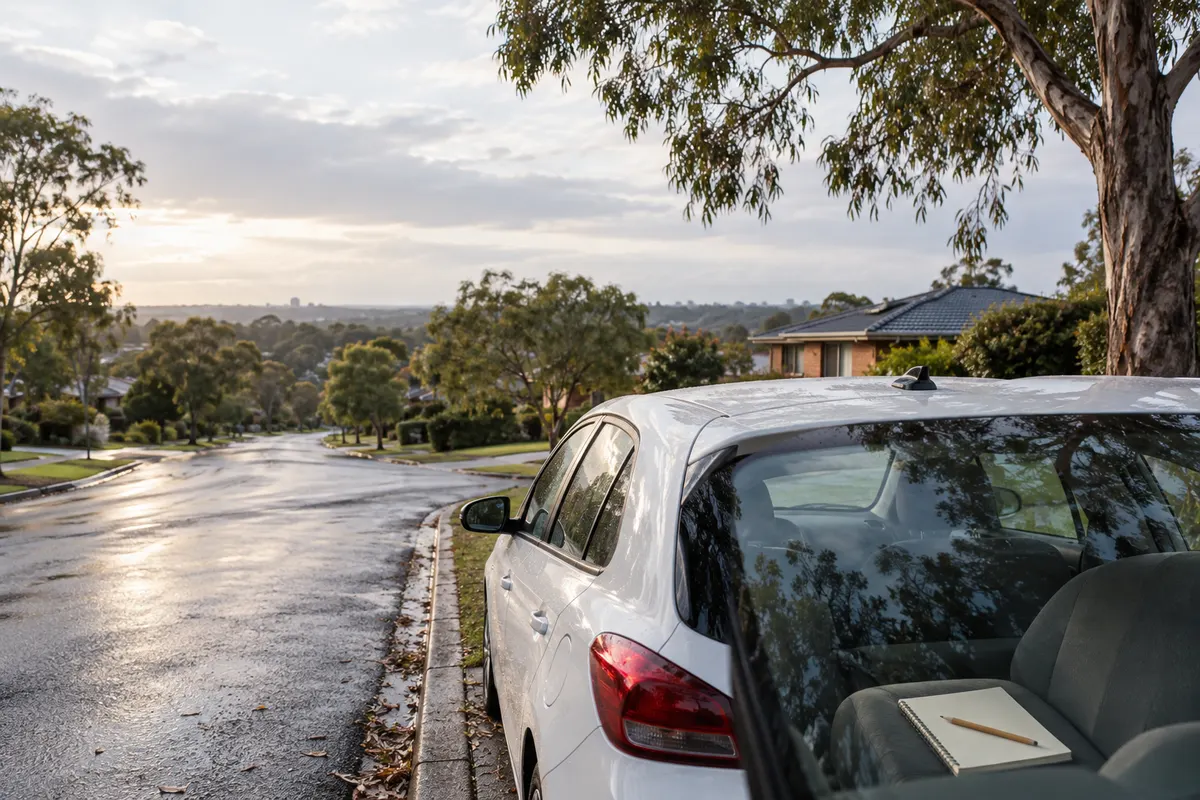 A right hand drive learner car parked on a wet Australian suburban street, with a blank notebook and pencil on the front passenger seat.