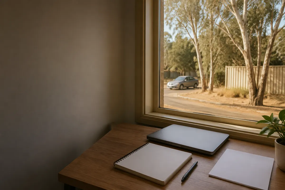 A quiet Australian study desk with a blank notebook, pen and closed laptop beside a window looking out to gum trees and a parked car on a suburban street.